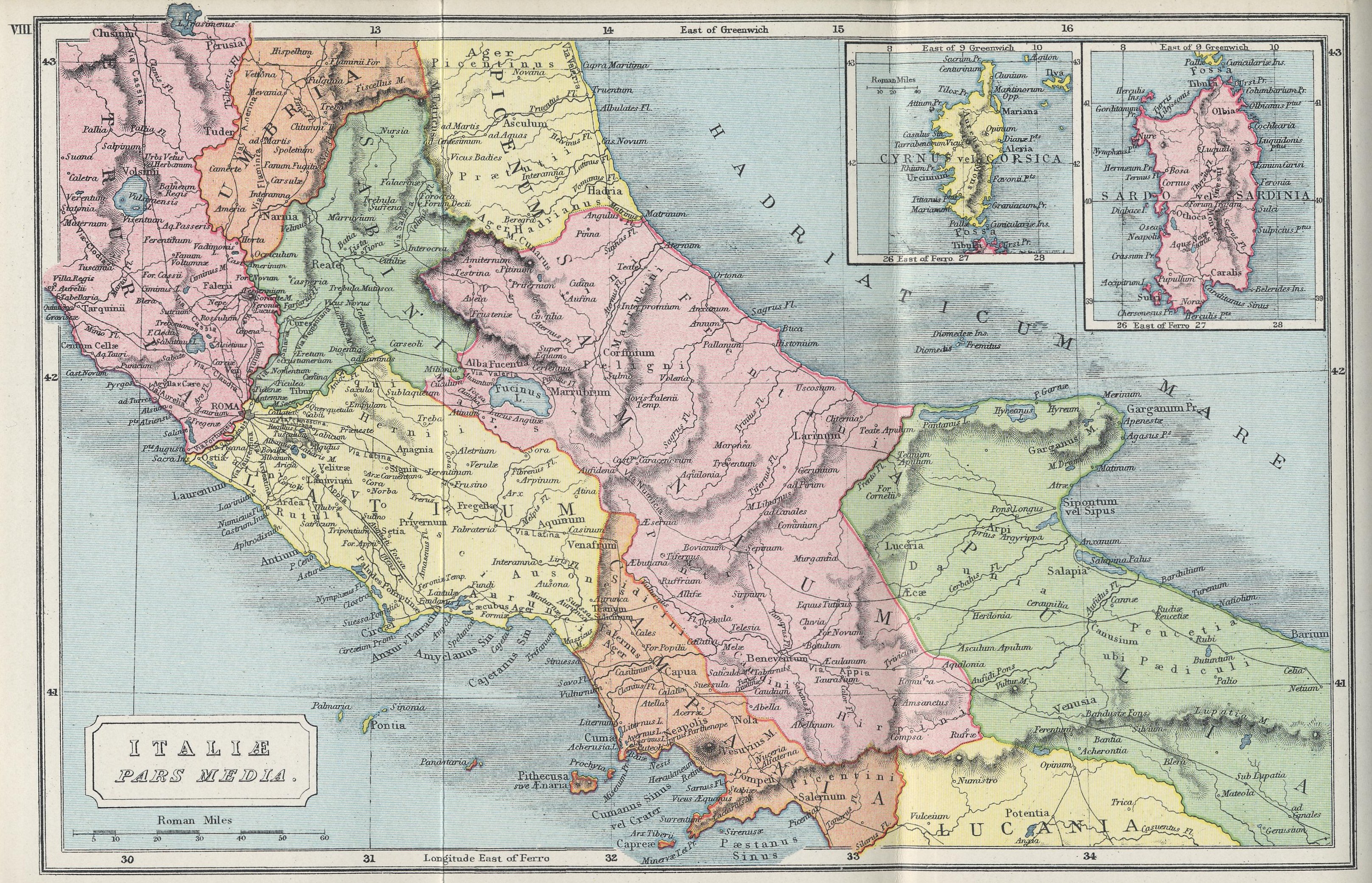 Map of Central Italy70 BC - AD 180with insets of Corsica and Sardinia