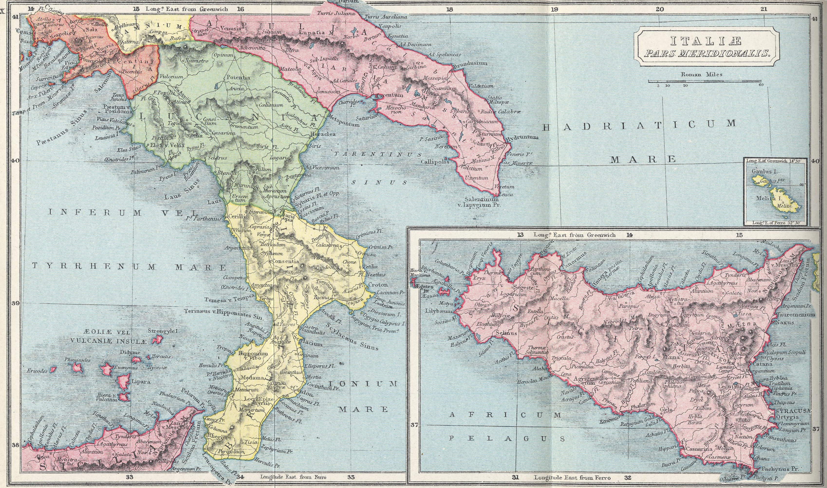 Map of Southern Italy 70 BC - AD 180 with inset of Sicily