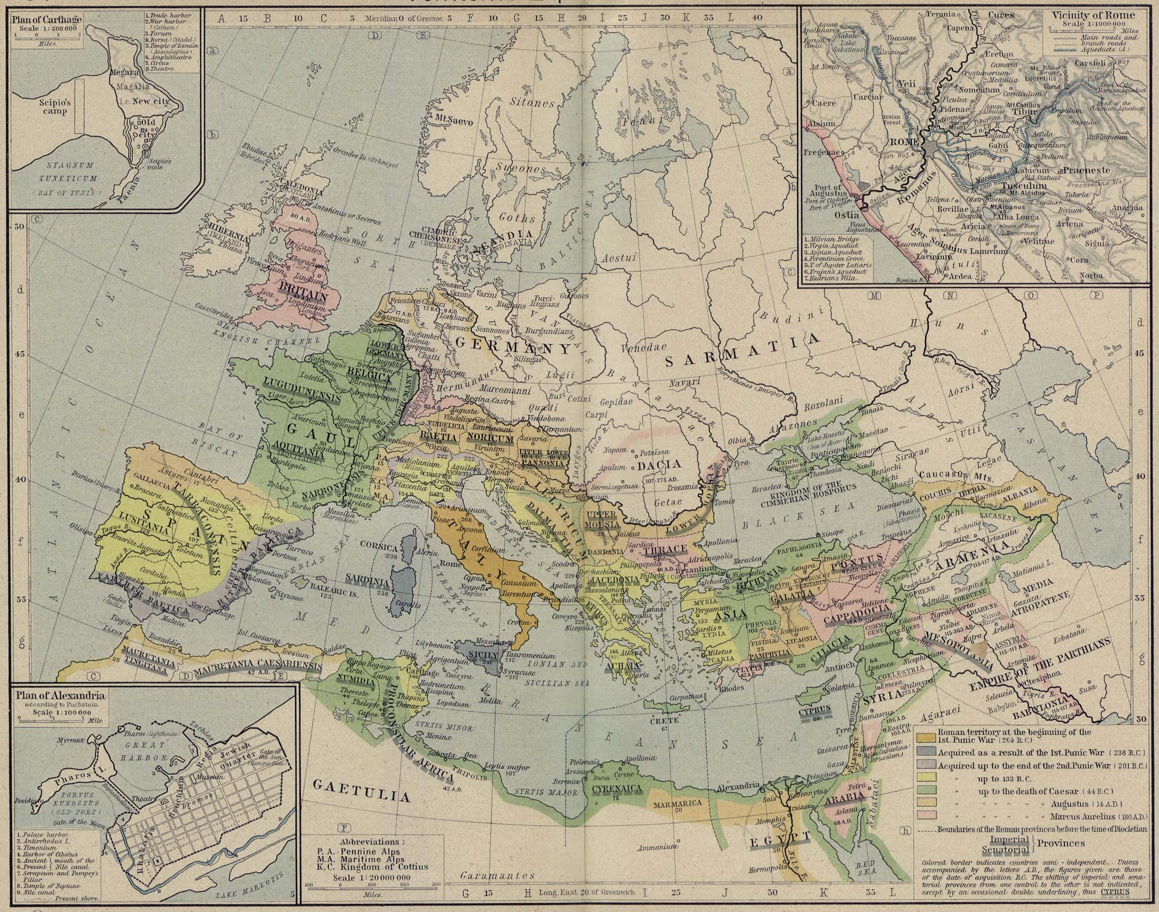 Map of Roman Empire264 BC - AD 180with insets of Alexandria, Carthage, and Rome